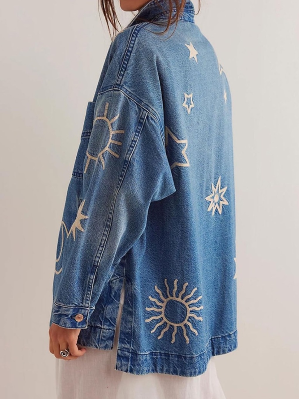 Embroidered Blue Denim Jean Jacket with Celestial Motifs - Picture 5 of 5